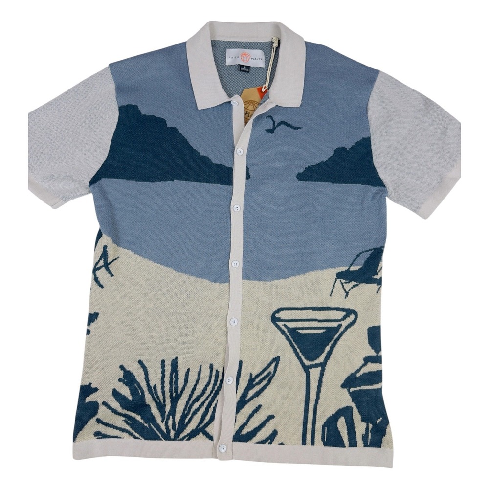Free Planet Mens Beach Landscape Knit Polo Shirt Blue Large NWT